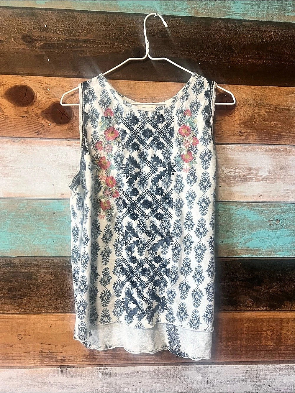 Sundance Printed Sleeveless Tank Top in Blue & White Size Large